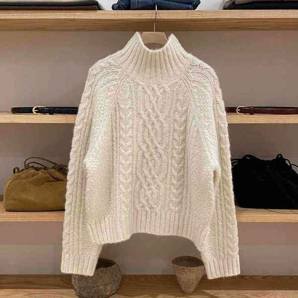 

women's sweaters apricot mohair half turtleneck pullover cable-knit sweater autumn and winter thick loose comfortable knitwear for wome, White;black