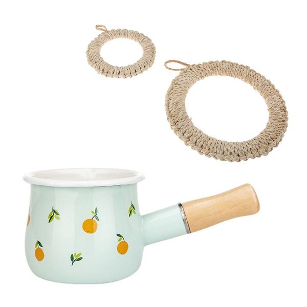 

pans 1x enamel milk pot with wooden handle,500ml,light green & 2 pcs woven handmade placemats,round mat