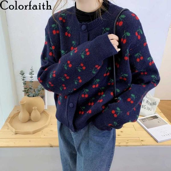 

colorfaith autumn winter women's knitwear knitted button cardigans embroidery floral oversize vintage lady swc8052 210928, White