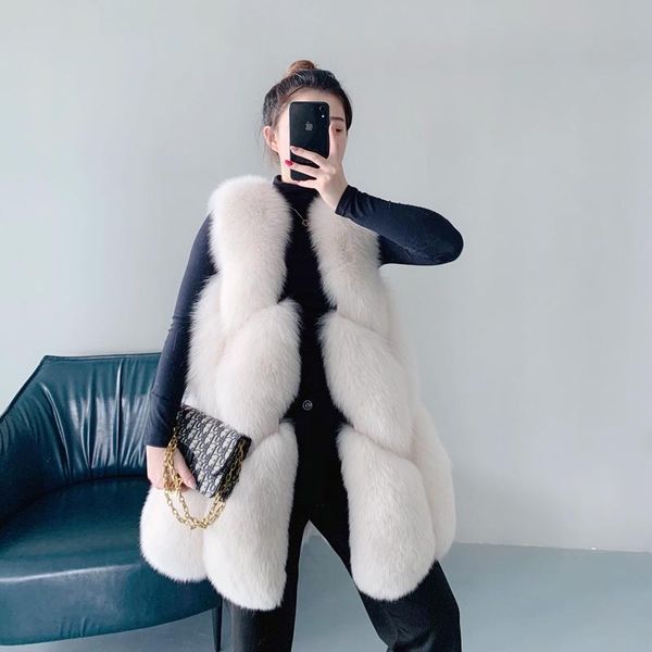 

women's fur & faux thicken natural vest autumn winter warm outwear demi-season jacket gilet long, Black