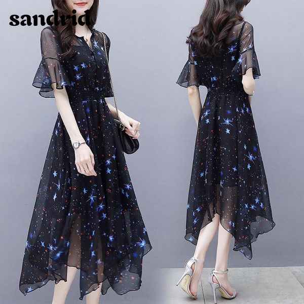 

party dresses summer women's dress slim midi flared sleeve irregular elegant star print chiffon, White;black