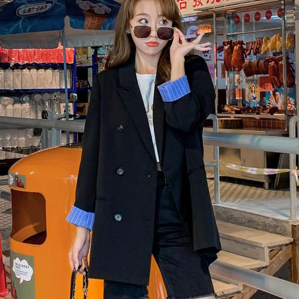 

women's suits & blazers [ewq] women korea chic casual fashion lapel single-breasted stitching striped loose long-sleeved blazer autumn, White;black