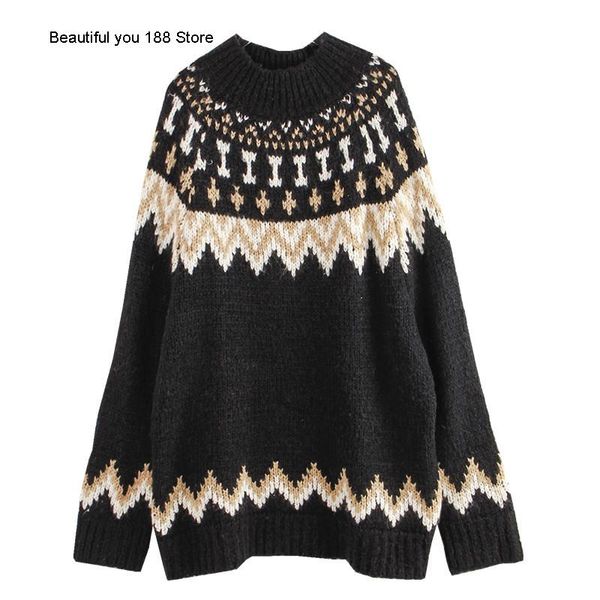 

women's sweaters icelandic sweater loose nordic ferris wheel wool blended pullover crew neck, White;black
