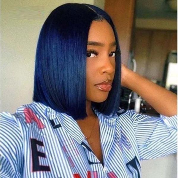 

lace wigs colorful highlight 13x1 front wig brazilian straight human hair bob 12" remy short ombre for black women, Black;brown