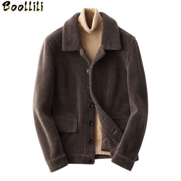 

men's leather & faux boollili 2021 real fur coat autumn winter jacket men short sheep shearing wool coats overcoat, Black