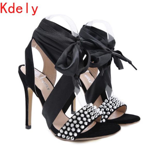 

2021 new rivets peep toe women roman sandals plus size 35-42 ankle strap black high heels stiletto gladiator shoes for women