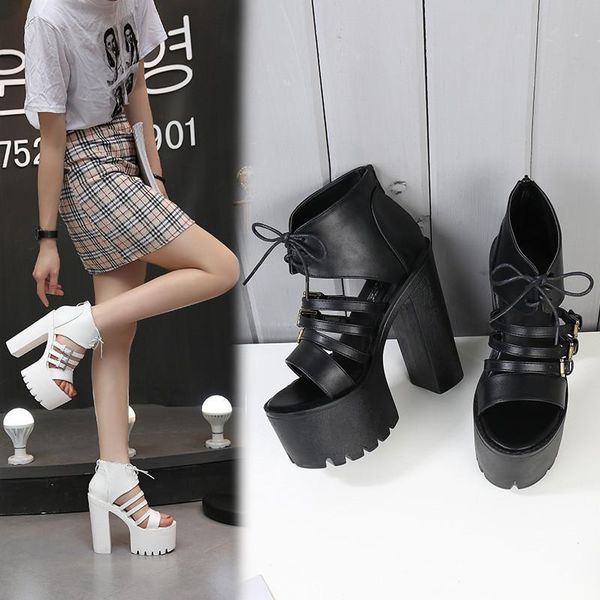 

sandals firmranch women's shoes summer fashion fish mouth thick heel belt buckle lace 14.5cm super high, Black