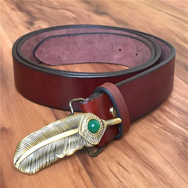 

2021 new brass feather buckle luxury thick leather belt men ceinture homme male strap cinturon mujer mens belts mbt0522 jm5u, Black;brown
