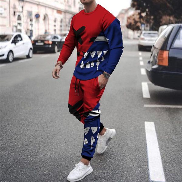 

jogging clothing 2-piece men's sports pullover suit letter round neck long-sleeved trousers running casual print sweatshirt + guard pan, Black;red