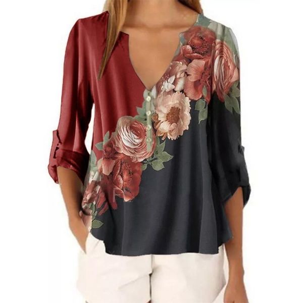 

2021 new summer short sleeve shirt v neck floral print blouse fashion casual shirt drop shipping, White