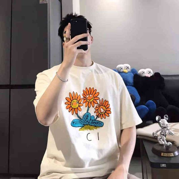 

2022 factory wholesale new gujia summer lovers' sunflower combed cotton short sleeve men's and women's t-shirt, White