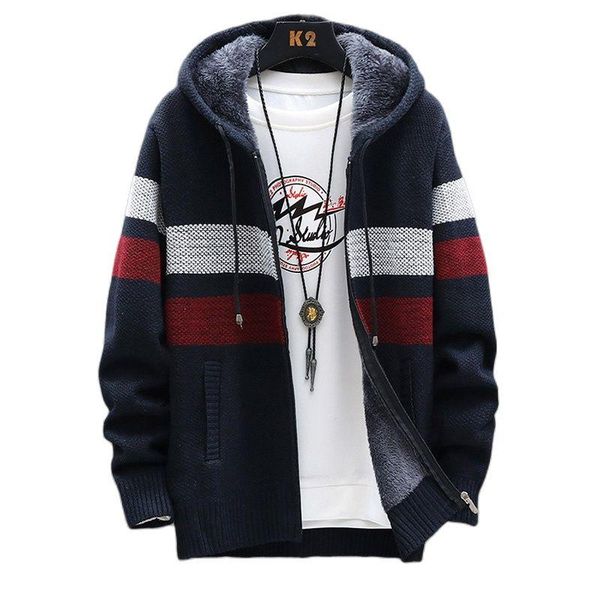 

men's sweaters winter fleece warm sweater men hooded cardigan mens striped patchwork slim coat knitted christmas jumper clothing, White;black