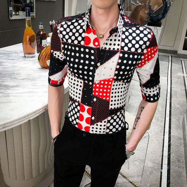 

2021 new men's polka dot shirt, british style, summer, 's fashion, streetwear, half sleeve, slim fit casual shirts, tuxedo 3x-m 89, Black;brown