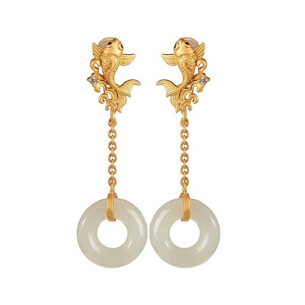 

dangle & chandelier s925 sterling silver gold plated calm hetian jade ear studs retro temperament carp peace buckle eardrops earrings