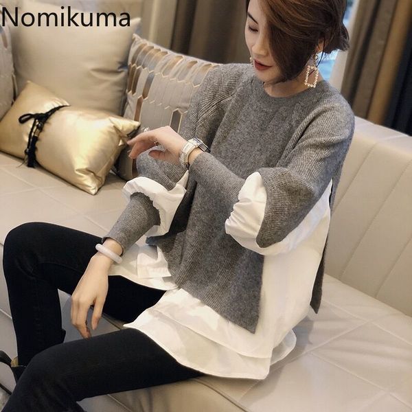 

nomikuma pull femme autumn winter korean women pullover knitwear patchwork fake two pieces loose knitted sweater 6c625 210218, White;black