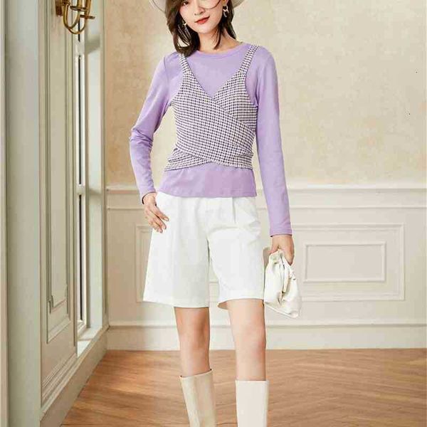 

women's t-shirt fake 2 piece autumn long sleeve purple patchwork t shirt women bandage tshirt plaid tie back tee designer 0tl2, White