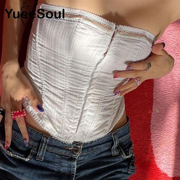 

women's tanks & camis vintage 2000s backless lace trim corset y2k aesthetics strapless single-breasted white tube e-girl crop
