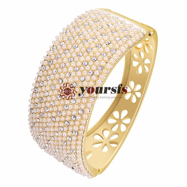 

yoursfs pearl bangle bracelet rows of cutured pearls wide hollow flowers design bangle mothers gift, Golden;silver