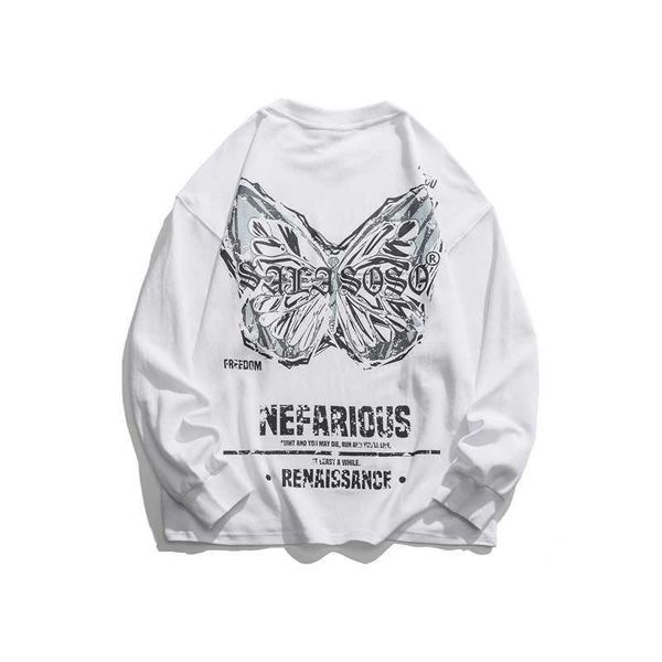 

1rozton 21 autumn fashion brand butterfly print long sleeve t-shirt men's hip hop loose bf style couple casual sweater, Black
