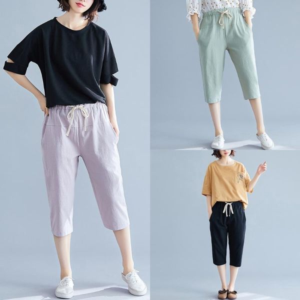 

women's pants & capris calf-length women drawstring elastic waist plus size straight trousers pantalones de mujer talla grande elastico, Black;white