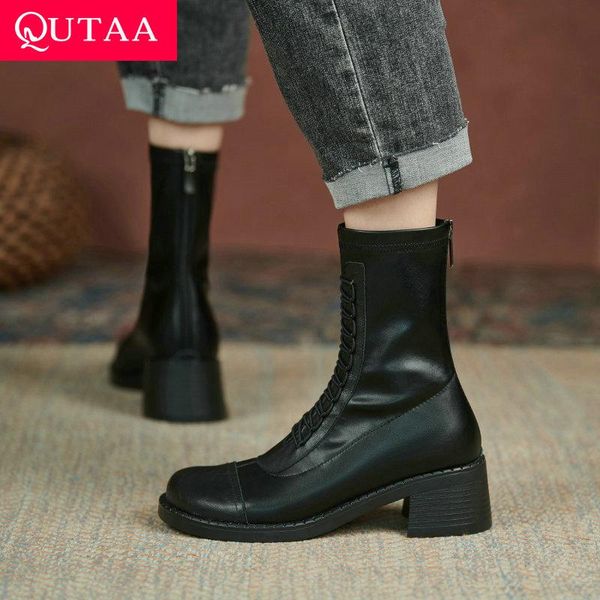 

boots qutaa 2022 square med heel fashion ankle autumn winter cow leather casual black round toe zipper women shoes size 34-40