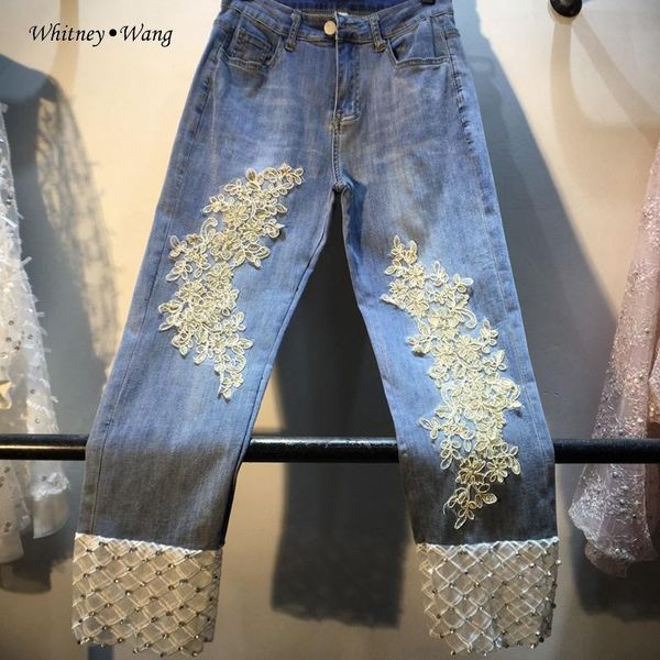 

women's jeans whitney wang 2021 spring summer fashion streetwear diamonds mesh patchwork lace embroidery women stylish denim pants, Blue