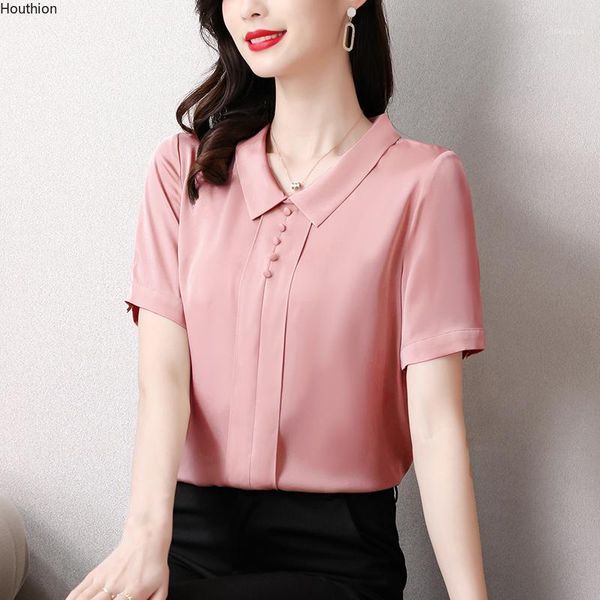 

women's blouses & shirts shirt silk satin slim casual blouse fashion short sleeve solid buttons summer houthion, White