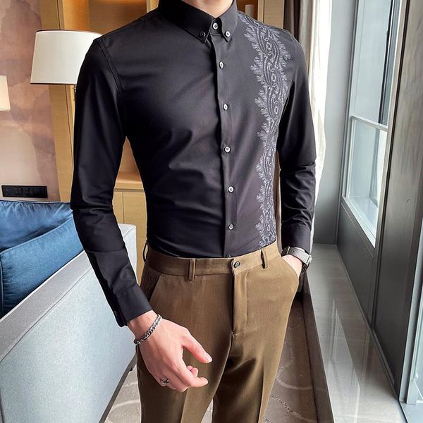 

men's casual shirts british style spring 2021 long sleeve printed for men clothing slim fit business formal wear blouses 4xl, White;black