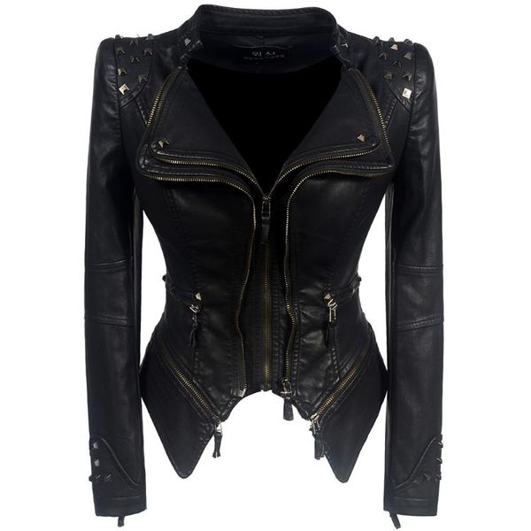 

women's leather & faux 2021 pu zipper stitching fashion jacket short, Black