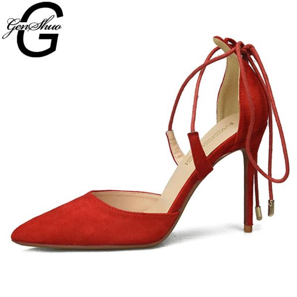 

dress shoes genshuo stiletto pumps black red high heels cutouts pointed toe party wedding plus size 32-46 lacing women's