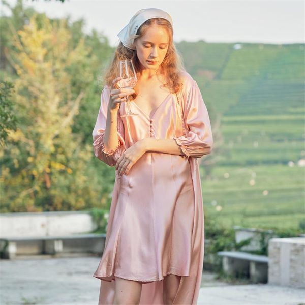 

princess women sleepwear two-pieces long sleeves v-neck custom made race nightgown with satin mid-length womens designer pyjamas, White;pink