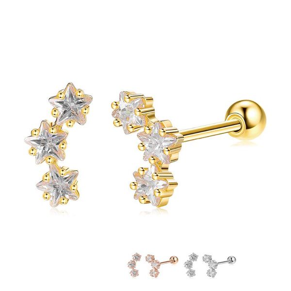 

stud zemior trendy 3 colors anti allergy earring 925 sterling silver shiny star cubic zirconia earrings for women jewelry gift, Golden;silver