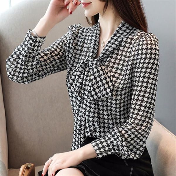 

women's blouses & shirts woman 2021 style plaid shirt long sleeve lacing chiffon splicing stylish and elegant loose plus-size base, White