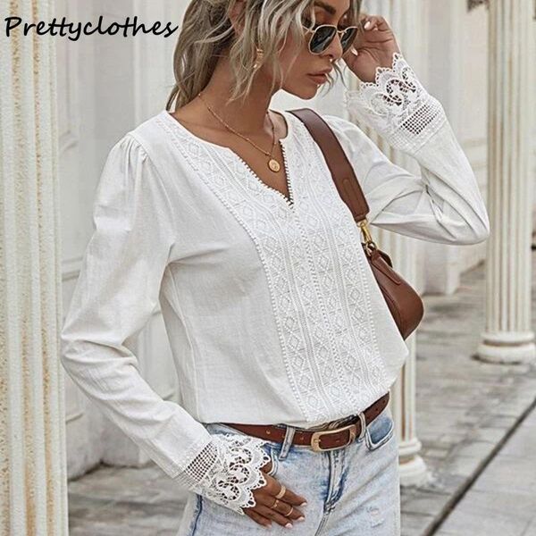 

women's t-shirt style all-match chiffon shirt lace stitching v-neck woman tshirt female clothes for clothing, White