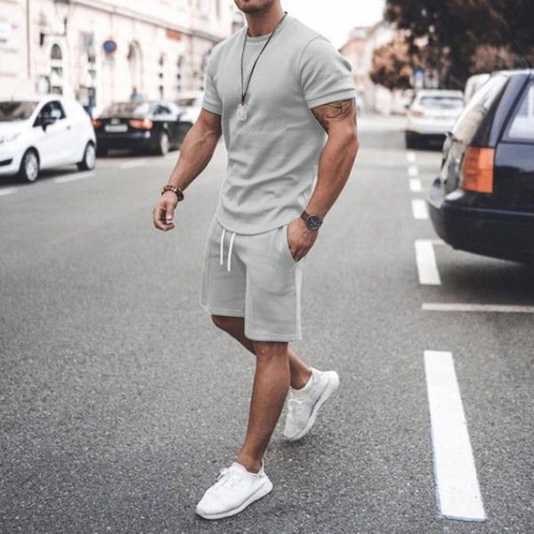 

men's tracksuits feitong streetwear solid tracksuit men summer 2-piece short sleeve shirts & shorts pants sets sweatsuit male, Gray