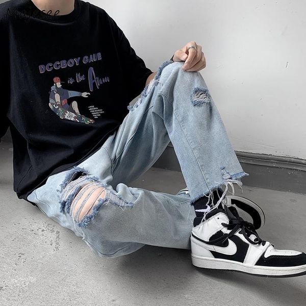 

men's jeans hole design all-match men summer fashion korean style loose hip hop ins straight trousers harajuku simple plus size 3xl, Blue
