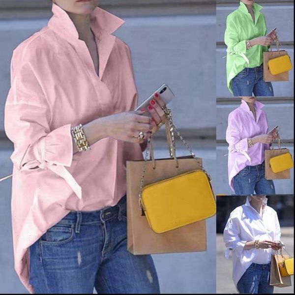 

large size fashion loose women blouse 2021 spring and summer blouses shirt solid color long sleeve lapel ladies shirt, White