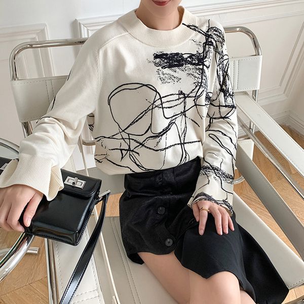 

2021 new knitted o-neck sweater lady long sleeve abstract stripe pattern pullovers female knitwear jumpers 7jbj, White;black