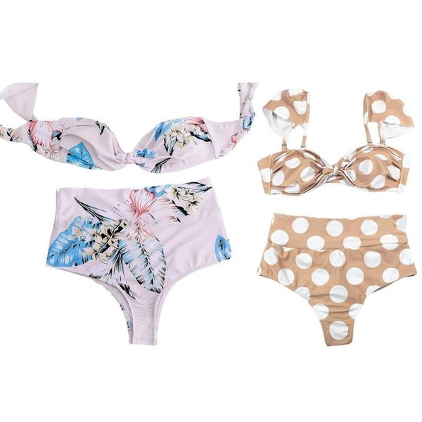 

women 2pcs floral polka dot bikini set detachable strap high waist swimsuit