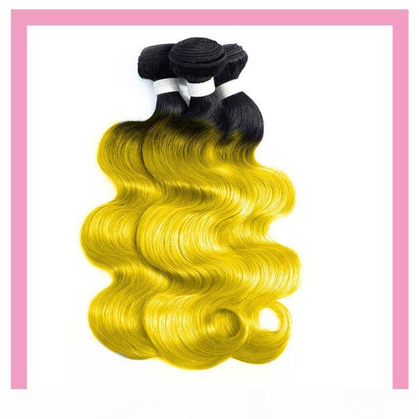 

malaysian human hair 1b yellow body ombre double color three bundles 1b yellow double wefts virgin hair extensions wholesale silky straight, Black