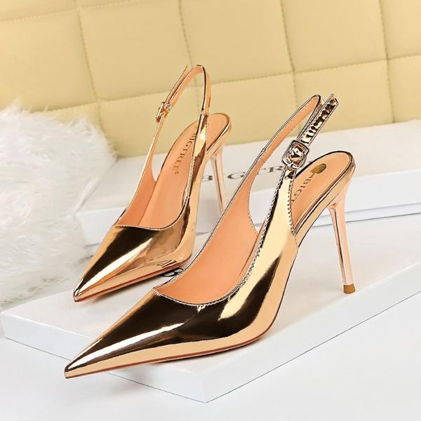 

sandals nightclub thin pumps metal heel stiletto high-heeled shallow mouth pointed toe hollow back strap shoes, Black