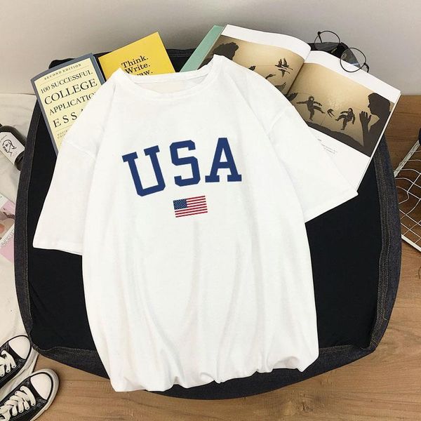 

harajuku summer women t-shirts casual usa flag printed tee female t shirt short sleeve t shirt plus size streetwear t-shirt, White
