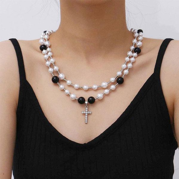 

chains baroque freshwater natural pearl rhinestone cross pendant necklace geometric irregular for women girls party jewelry, Silver