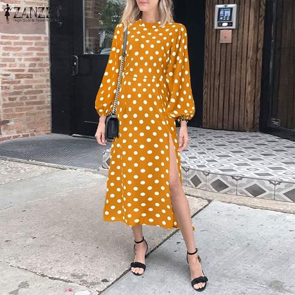 

casual dresses women polka dots print dress zanzea 2021 spring puff sleeve maxi lady back zipper sundress split oversize robe 7, Black;gray