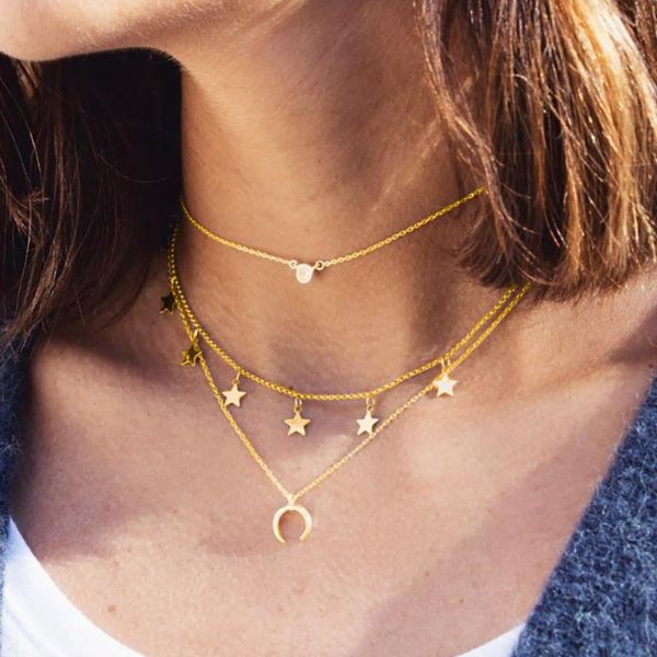

pendant necklaces gold color choker necklace for women 3 layers star stone moon chain & pendants velvet chokers fashion jewelry, Silver