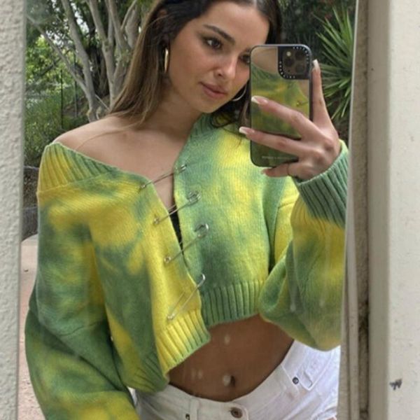 

women's knits & tees autumn women tie dye cardigan sweaters vintage oversized pullovers jumper fashion sweatershirt brooch personality, White