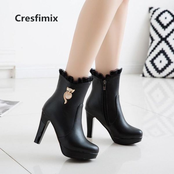 

boots cresfimix botas femininas women fashion comfortable pu leather autumn high heel ankle lady casual winter a3237, Black