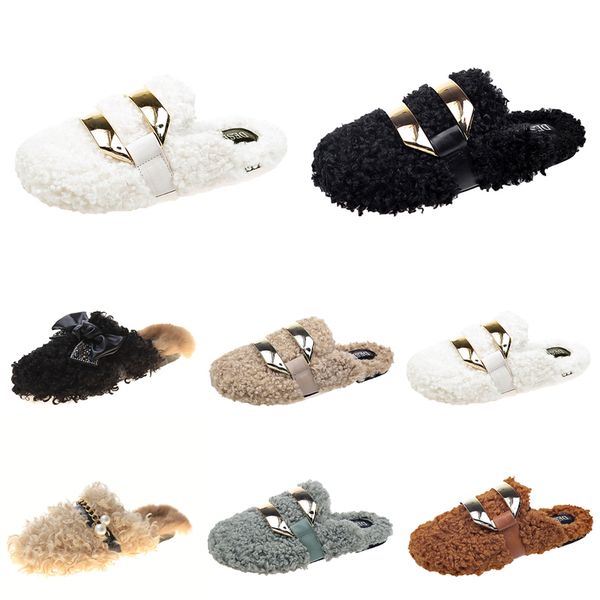 

newly autumn winter womens slippers metal chain all inclusive wool slipper for women outer black grey wear plus big szie muller half drag sh