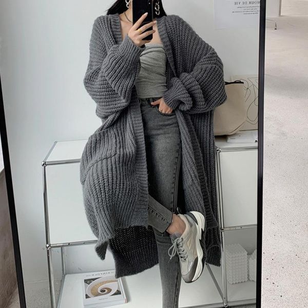 

women's knits & tees long loose knitted sweater cardigan oversized women korean solid lazy style causal sweaters 2021 winter fashion co, White