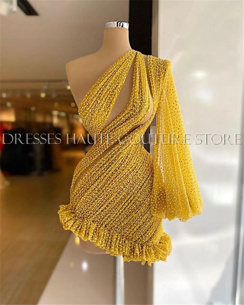 

party dresses gorgeous beaded pearls short yellow gold prom one shoulder puffy sleeve formal mini cocktail, White;black